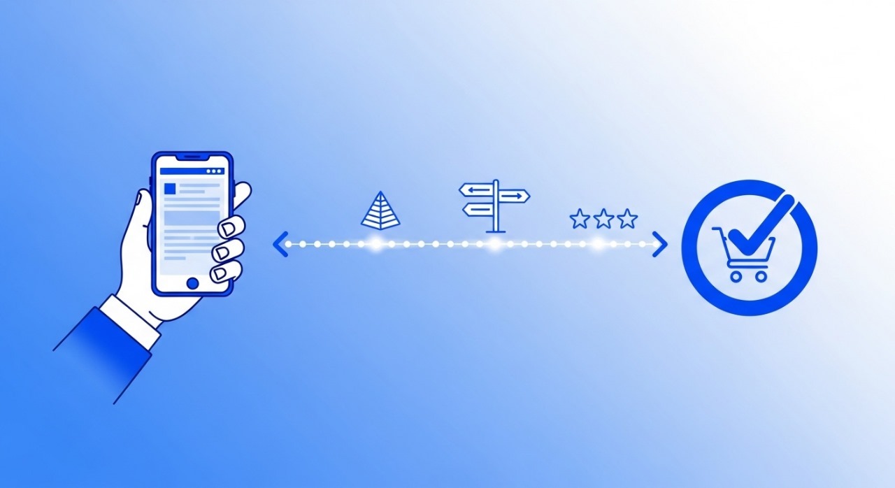 Mobile user journey from browsing to purchase, highlighted with icons for hierarchy, navigation, user rating, and completed transaction.