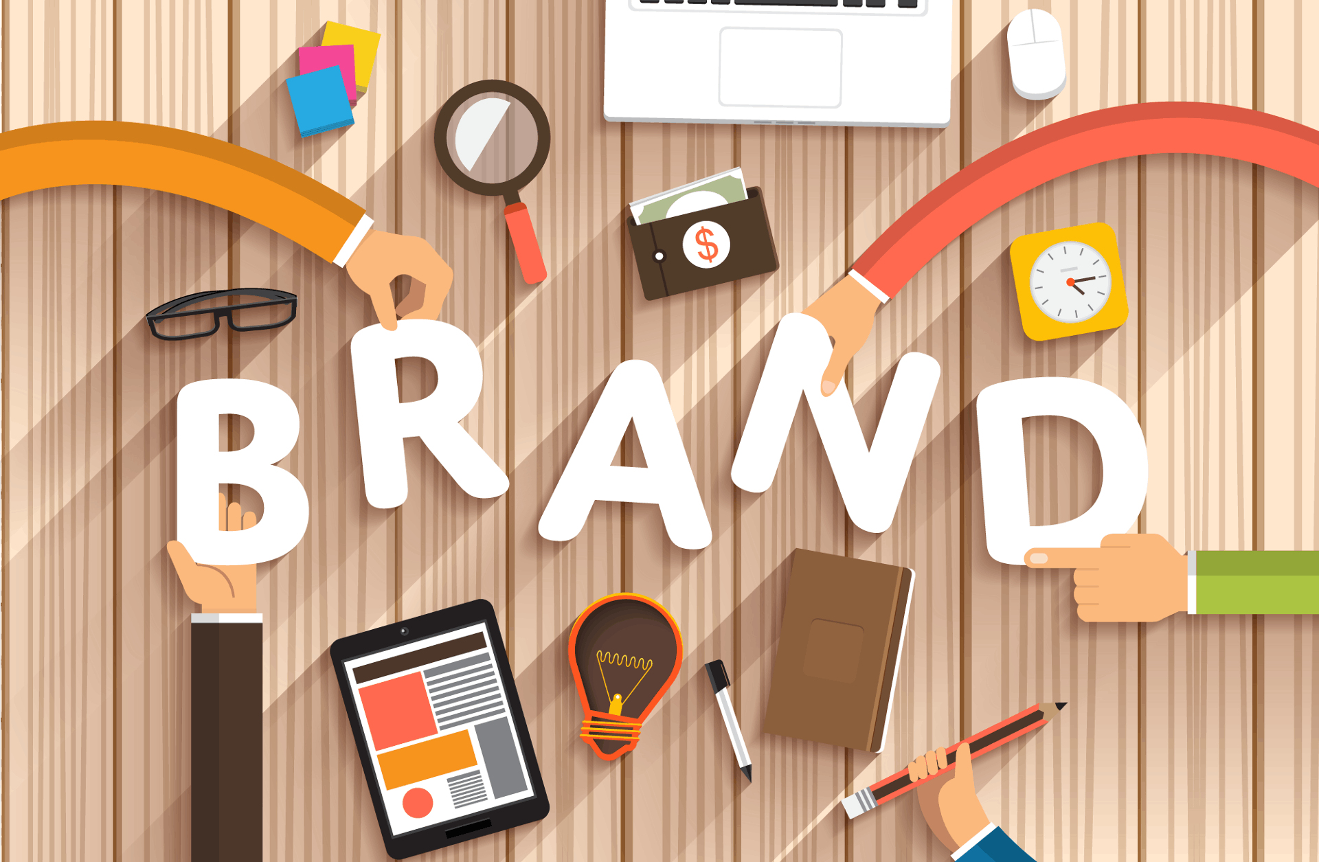 flat design illustration showing multiple hands placing letters to spell out "BRAND" on a wooden desk, surrounded by office items like a laptop, wallet, and magnifying glass.