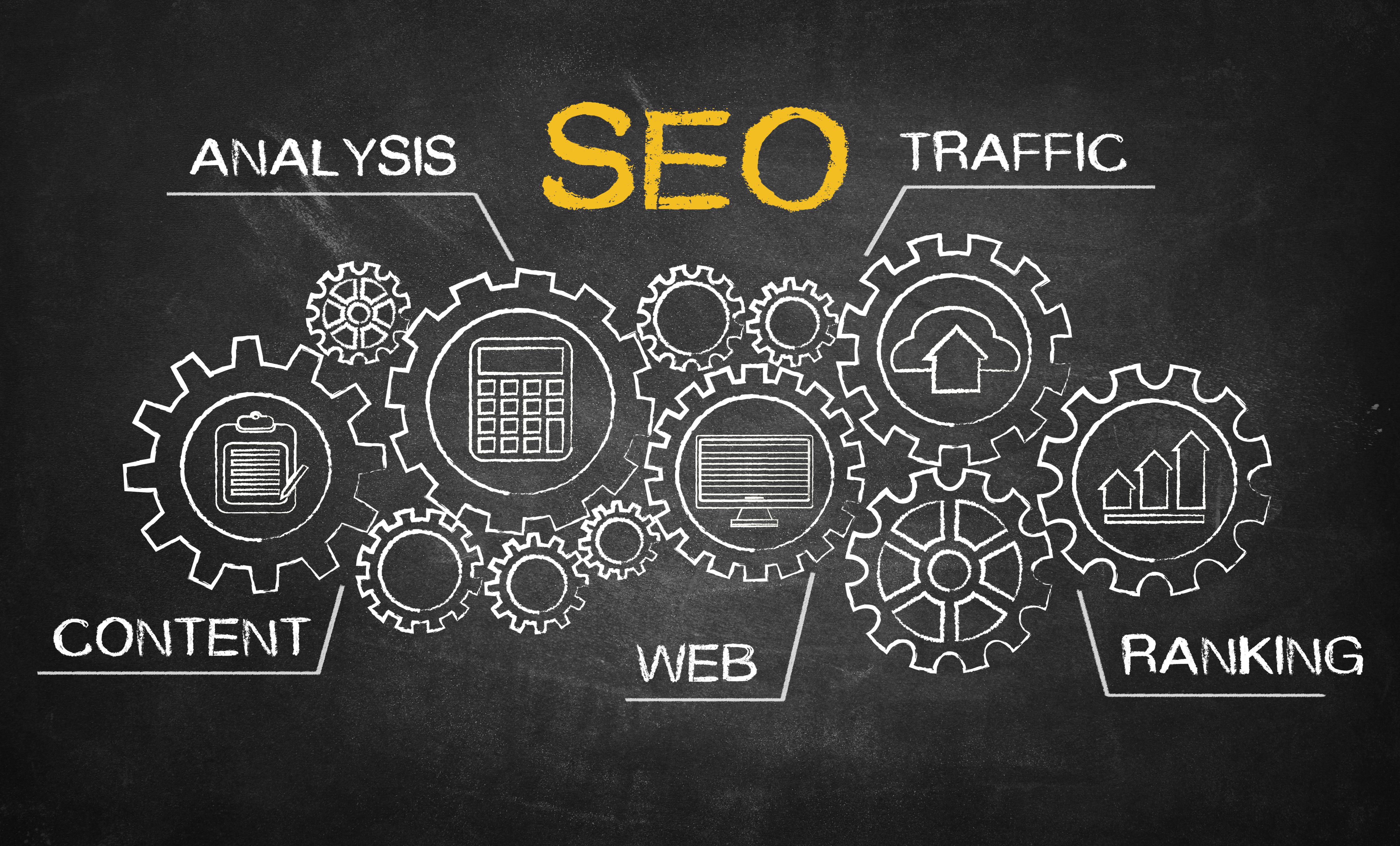 A chalkboard diagram explaining "SEO" with interlocking gears that represent key components like "Analysis," "Content," "Web," "Ranking," and "Traffic."